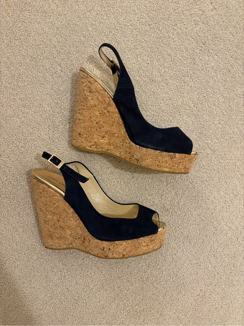Jimmy Choo Navy Suede Cork Wedge Slingback Sandals Size 38.5